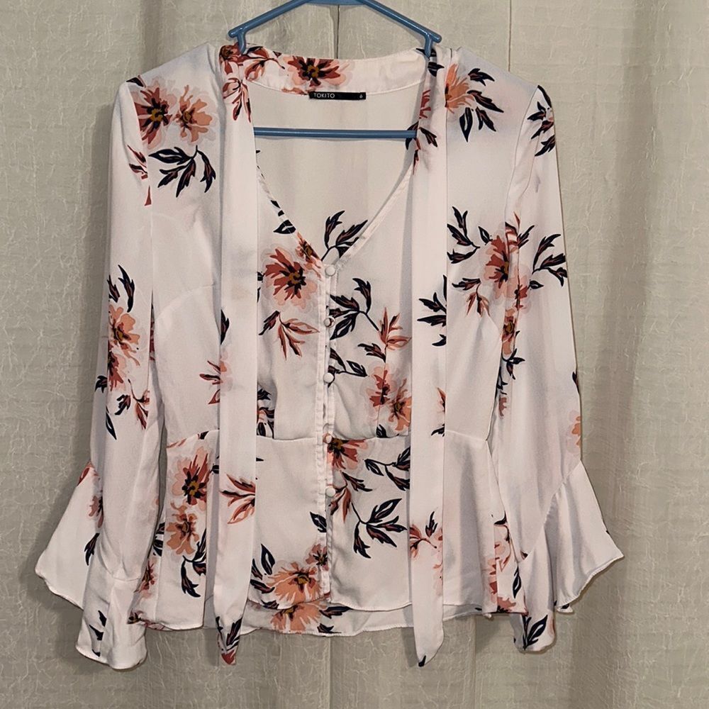 TOKITO 4 White Pink Navy Floral Button Front Bell Sleeve Peplum Tie Blouse - Picture 2 of 12